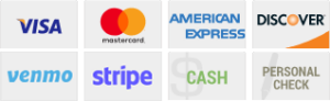 Visa, MasterCard, American Express, Discover, Venmo, stripe, Cash & Personal Check